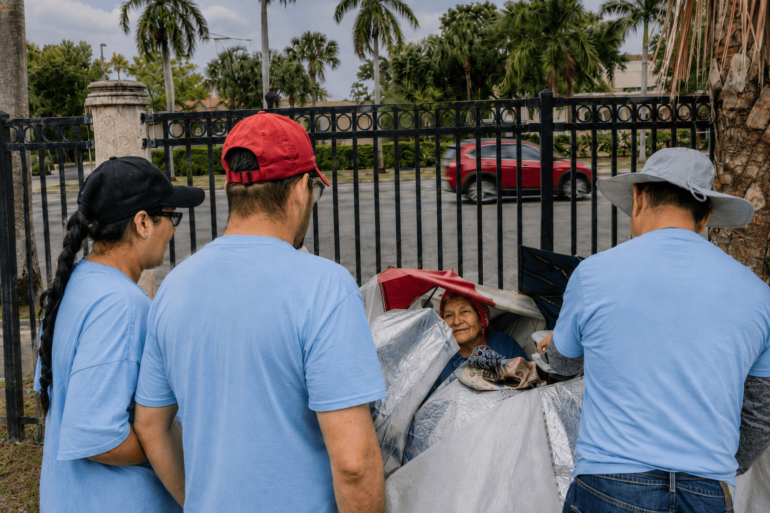 Volunteers accompanying a woman experiencing homelessness